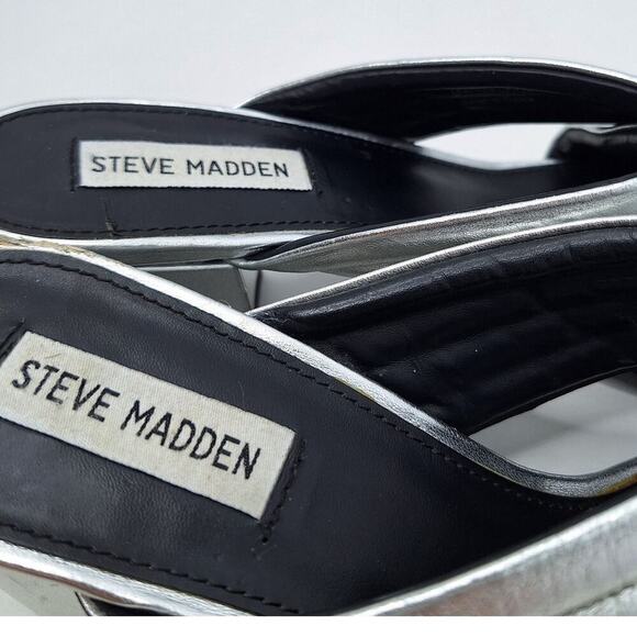 Steve Madden ICON Sandals Puffy Cross Strap Leather 8.5 Block Heel Metallic - Picture 3 of 12